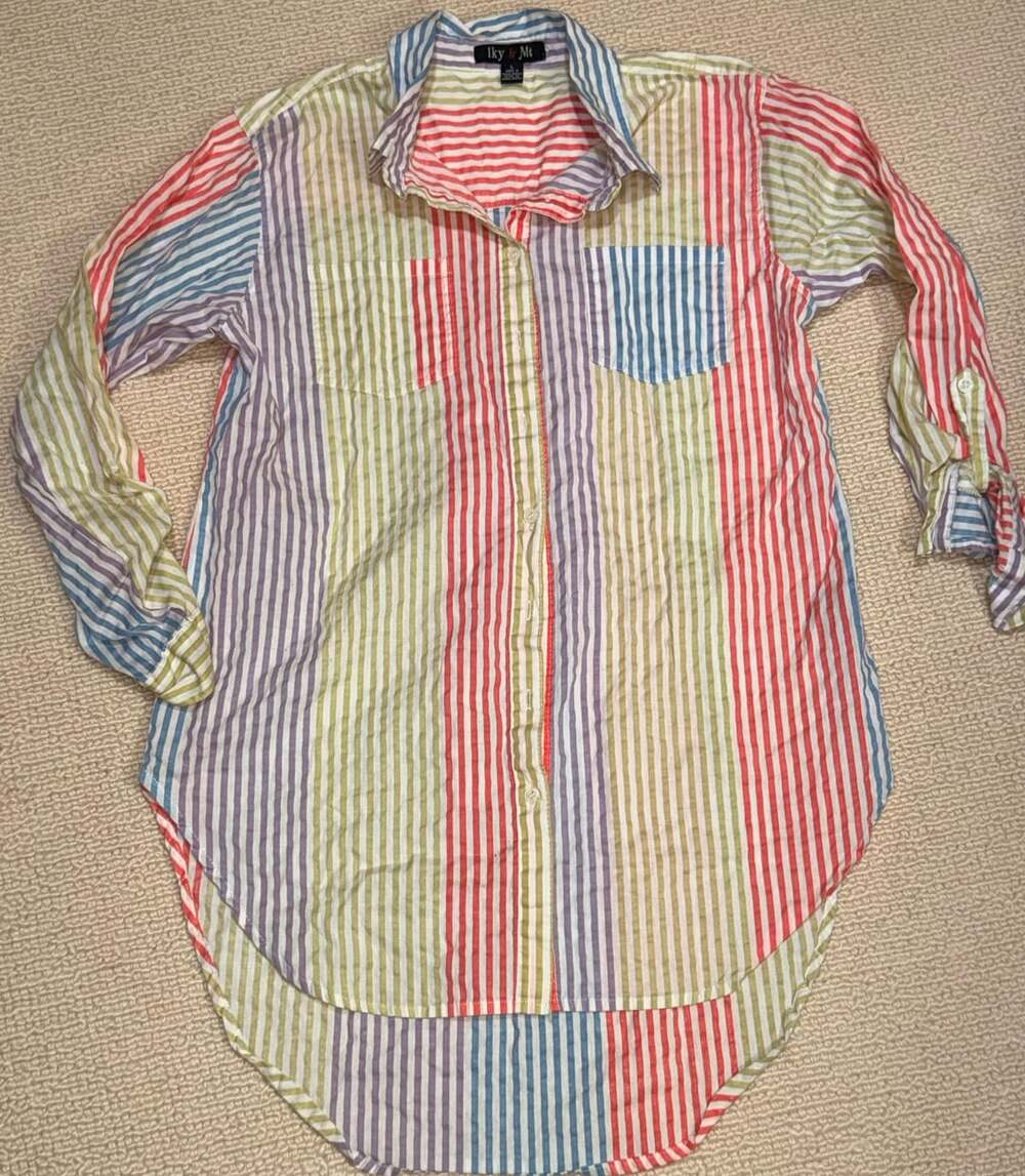 Iky & Me Striped Button Up Shirt Size L Multicolor Long Sleeve Tunic Top